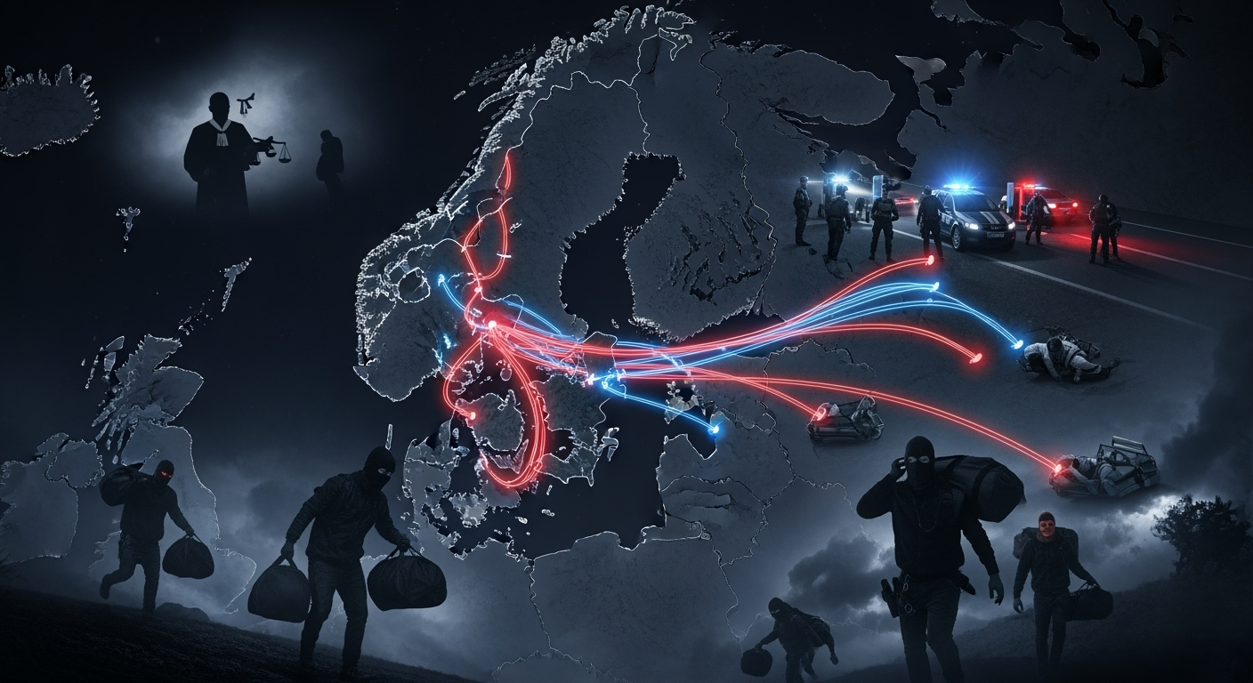 Drug trafficking routes through Denmark toward Sweden and Norway – cinematic map showing masked smugglers, highway arrests, and European police crackdown"