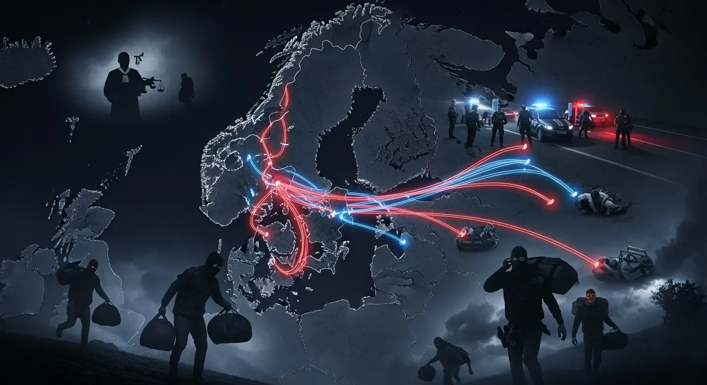 Drug trafficking routes through Denmark toward Sweden and Norway – cinematic map showing masked smugglers, highway arrests, and European police crackdown"