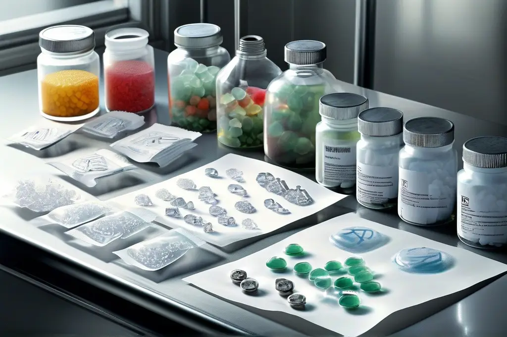 Various synthetic drug packages and pills in lab setting, representing designer drugs