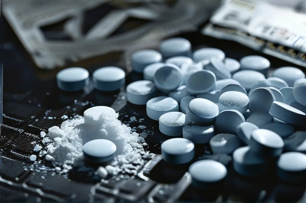 Scattered blue tablets on a table with blister packs and cash, symbolizing painkiller misuse