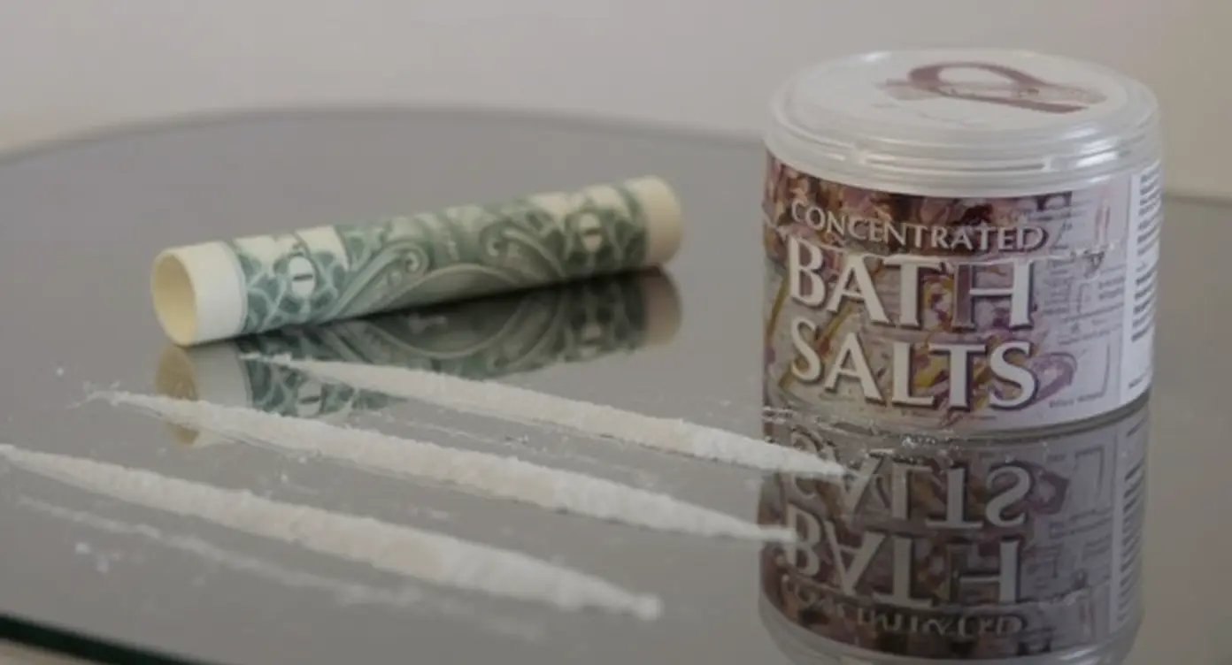Lines of white powder beside a rolled 20 euro banknote and a labeled plastic jar reading “Concentrated BATH SALTS” with floral design on reflective surface