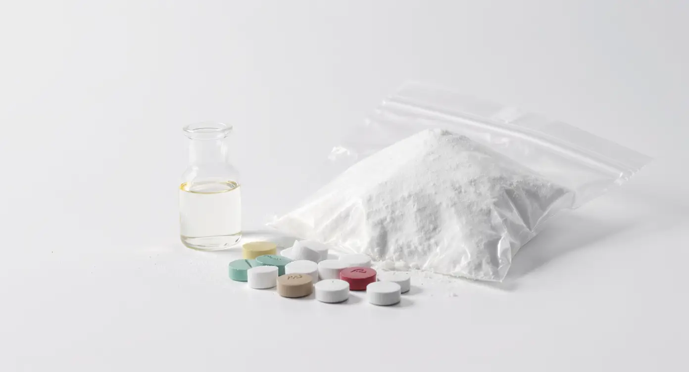 Amfetamina este prezentată în trei forme: lichid de bază transparent în flacon, pulbere albă într-o pungă de plastic și tablete colorate cu logo-uri