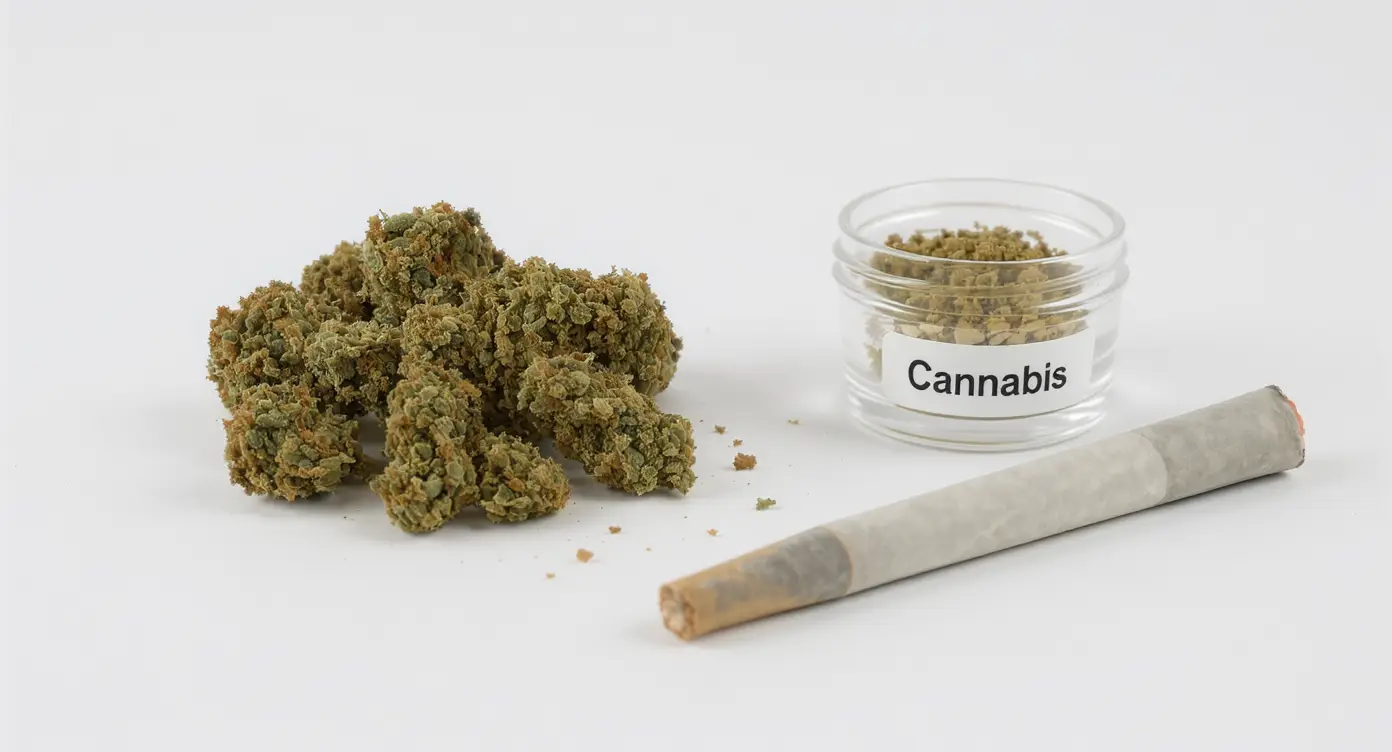 Marijuana shown as dried green buds and rolled joint on white background