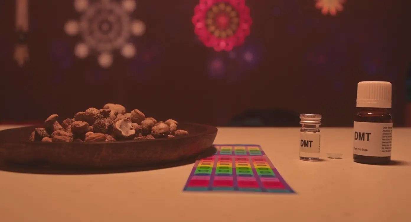 Běžné formy halucinogenů, jako jsou magické houby a LSD, s psychedelickými vizuálními efekty.