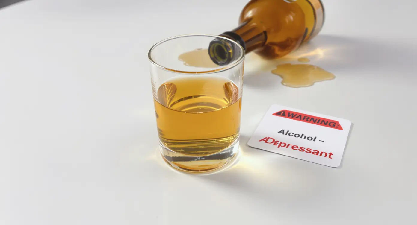 Glas Alkohol mit verschütteter Flasche und Warnhinweis auf Alkohol als Beruhigungsmittel auf einem sauberen weißen Hintergrund