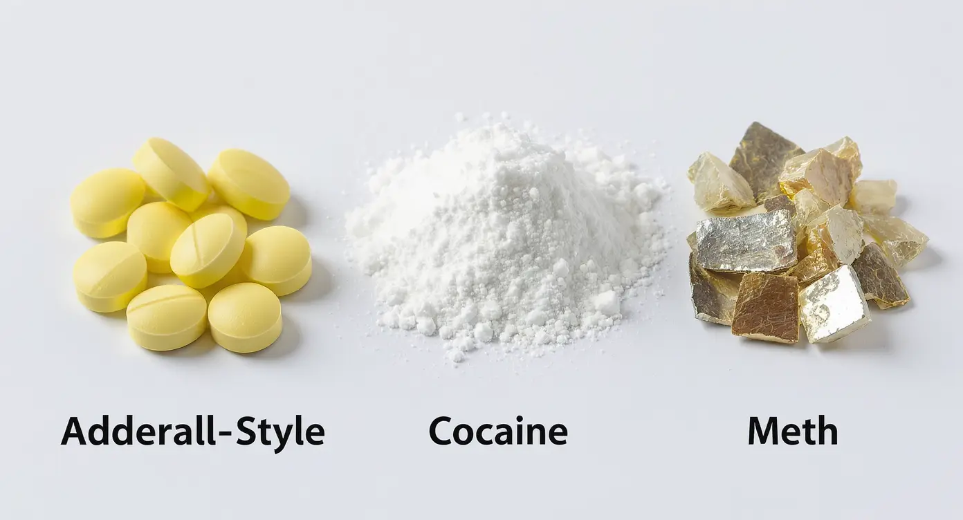 Yleiset stimulanttien muodot, mukaan lukien pillerit, valkoinen jauhe ja kristallimetamfetamiini