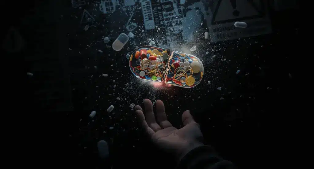 Imagine care prezintă o pastilă de ecstasy spartă, care expune substanțe chimice ascunse, ilustrând întrebarea: din ce este făcut ecstasy-ul?
