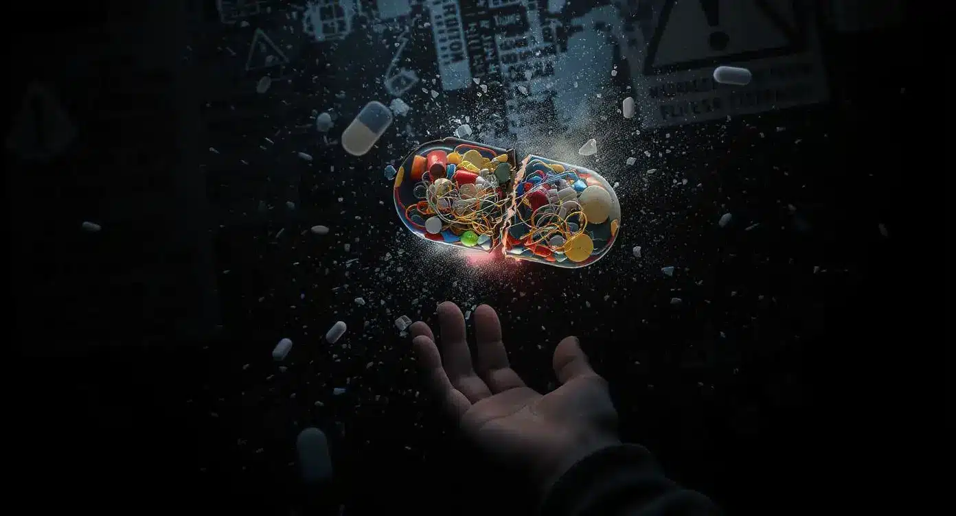 Imagine care prezintă o pastilă de ecstasy spartă, care expune substanțe chimice ascunse, ilustrând întrebarea: din ce este făcut ecstasy-ul?