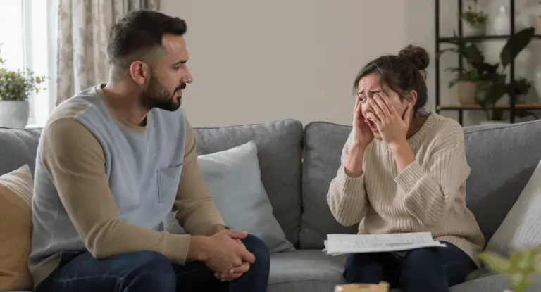 ein Familienmitglied, das ruhig zuhört, während ein süchtiger Angehöriger versucht, sein Verhalten mit Lügen zu rechtfertigen.