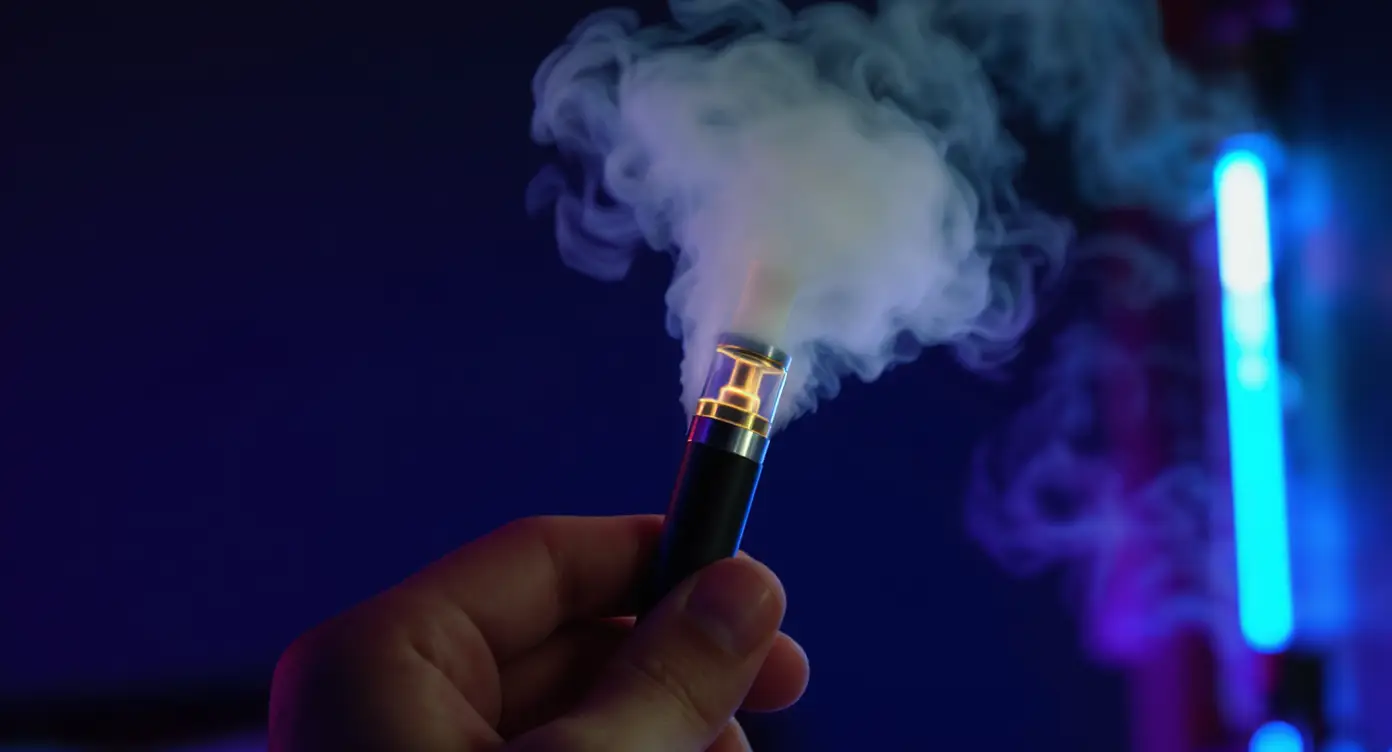 Vape-pen, der udånder hvid damp i et mørkt rum med LED-lys, viser en moderne vaping-enhed i brug