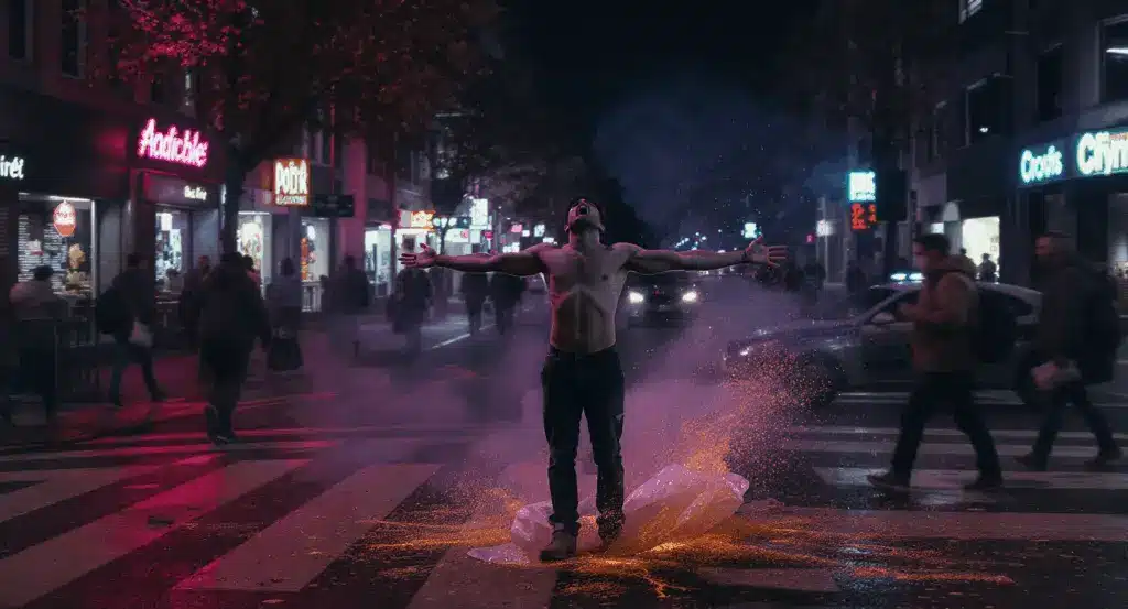 Realistisches Bild einer chaotischen städtischen Drogenszene mit einem schreienden Mann auf der Straße, synthetischem Drogenstaub auf dem Boden und verzerrten Lichtern der Stadt.