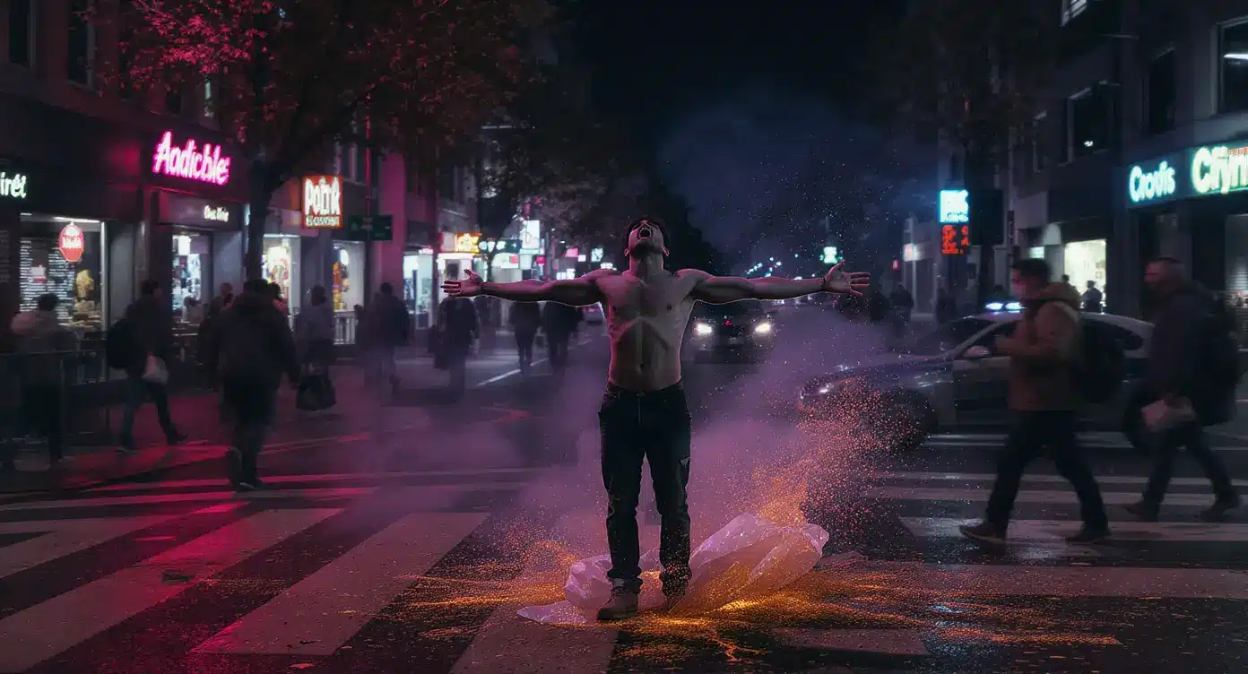 Realistisches Bild einer chaotischen städtischen Drogenszene mit einem schreienden Mann auf der Straße, synthetischem Drogenstaub auf dem Boden und verzerrten Lichtern der Stadt.
