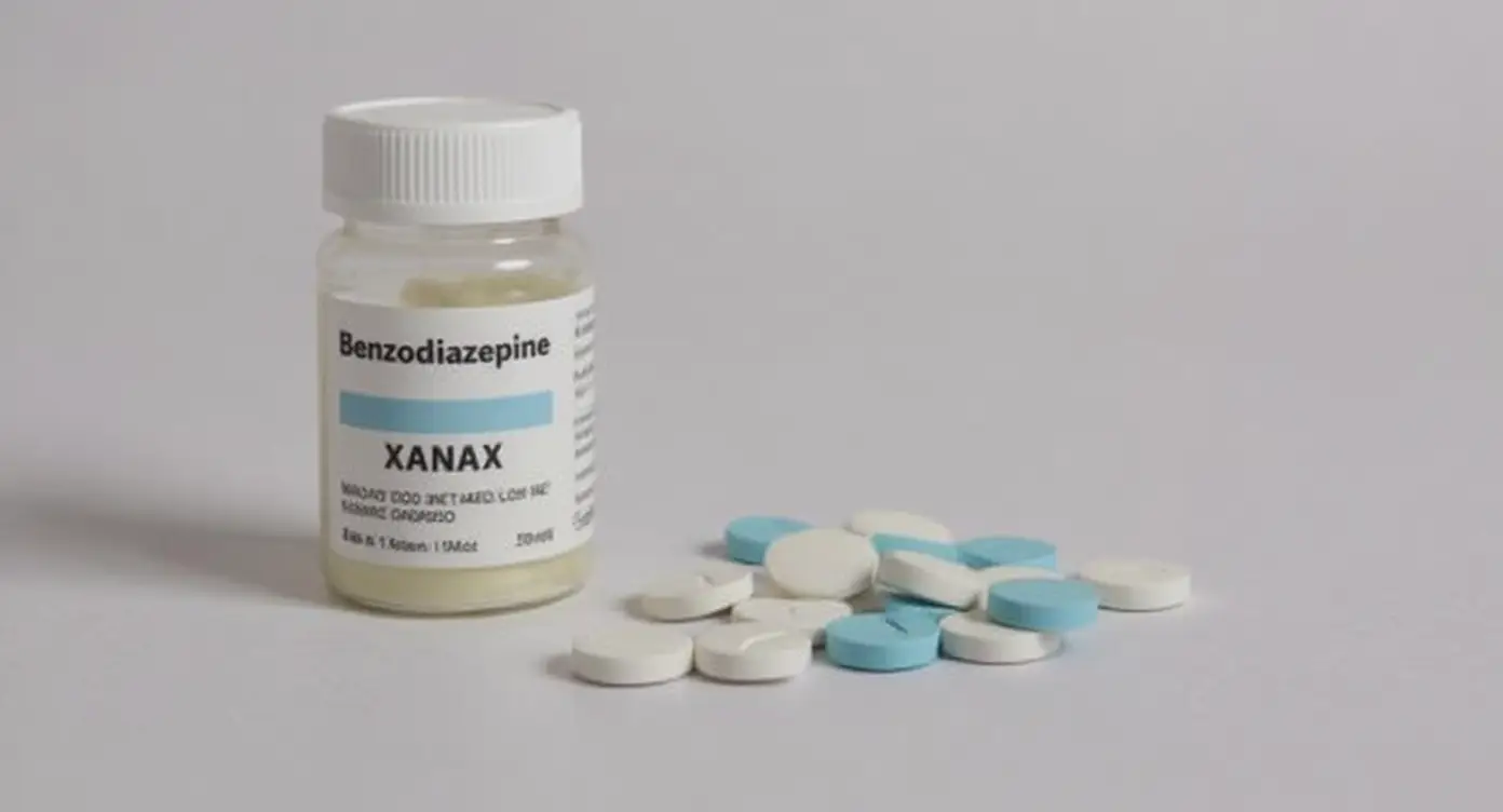 Rezeptflasche mit der Aufschrift Benzodiazepin mit verstreuten weißen Tabletten, darunter eine Xanax-Pille, auf sauberer Oberfläche