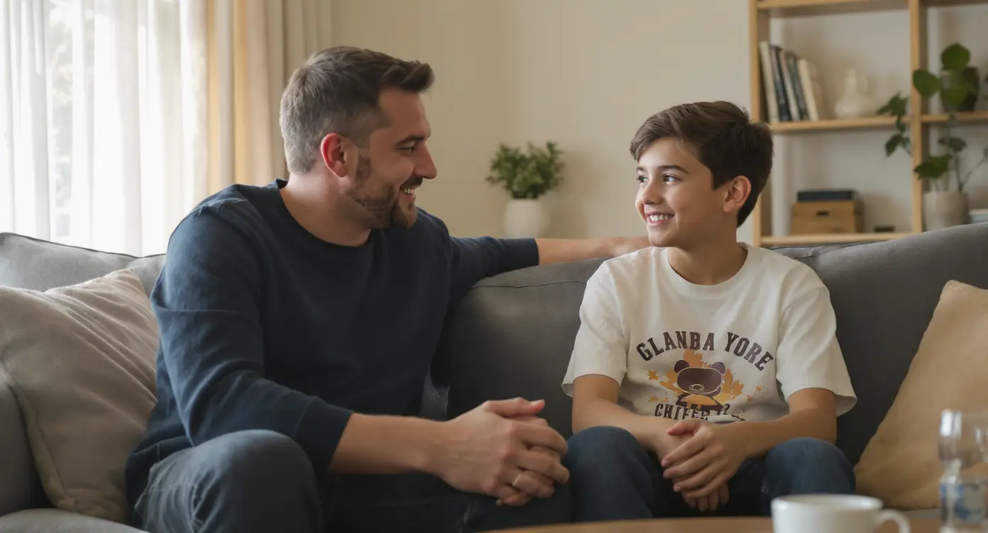 Ein Elternteil führt ein offenes und respektvolles Gespräch zur Drogenerziehung mit einem 12-jährigen Kind in einem Wohnzimmer.