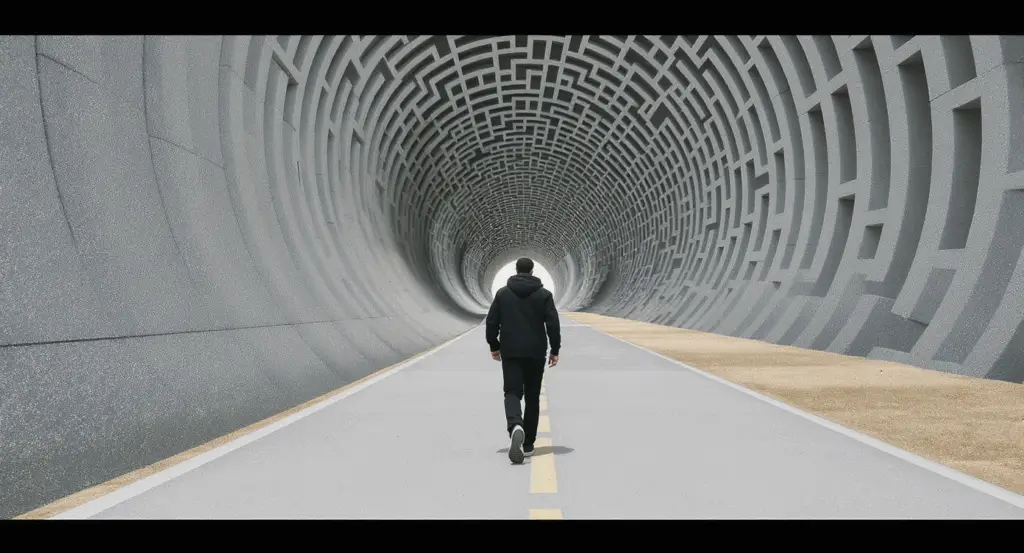O persoană pășind într-un labirint suprarealist în timp ce crede că se află pe o cale dreaptă, simbolizând iluzia LSD de control