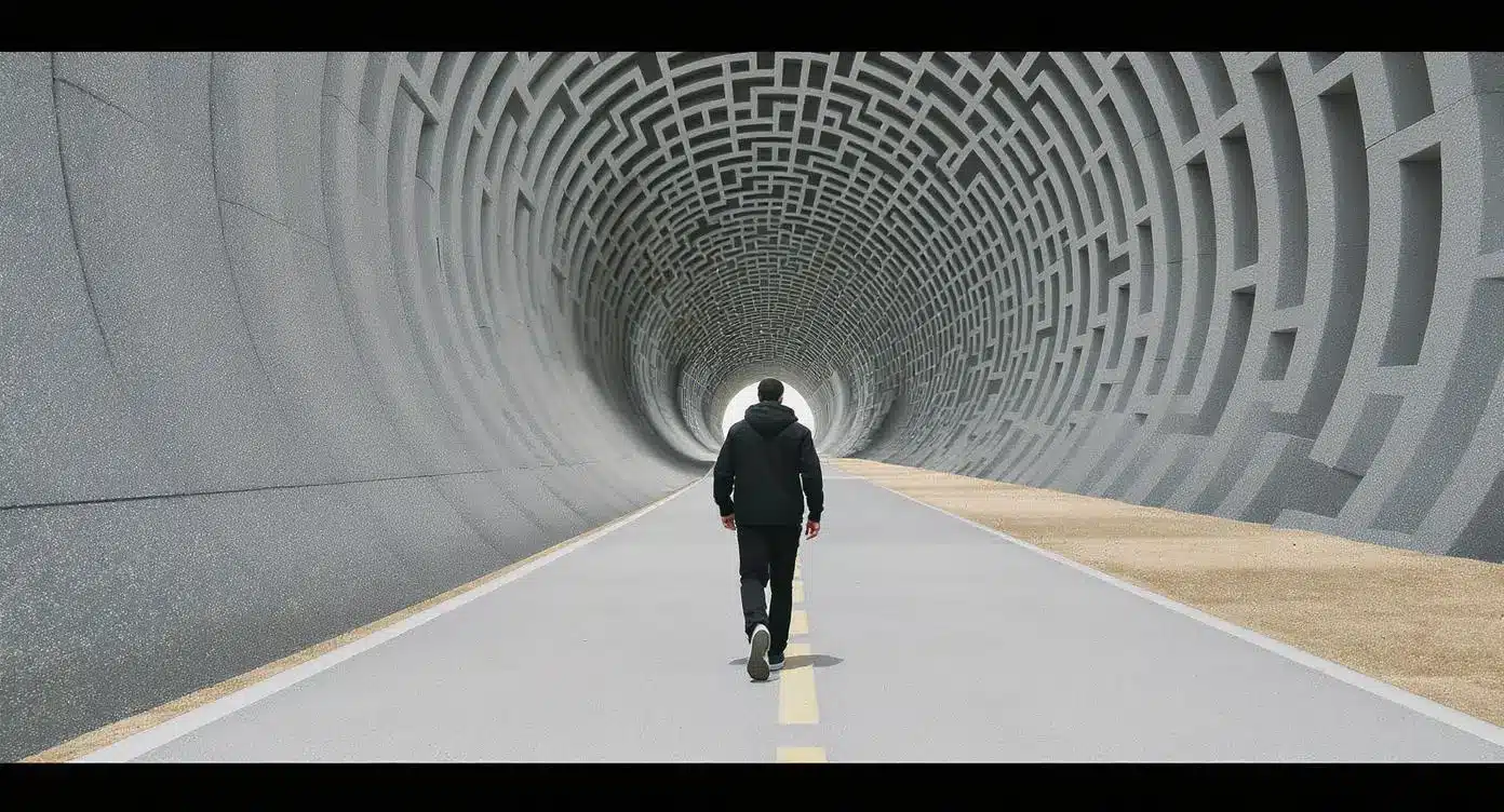 O persoană pășind într-un labirint suprarealist în timp ce crede că se află pe o cale dreaptă, simbolizând iluzia LSD de control