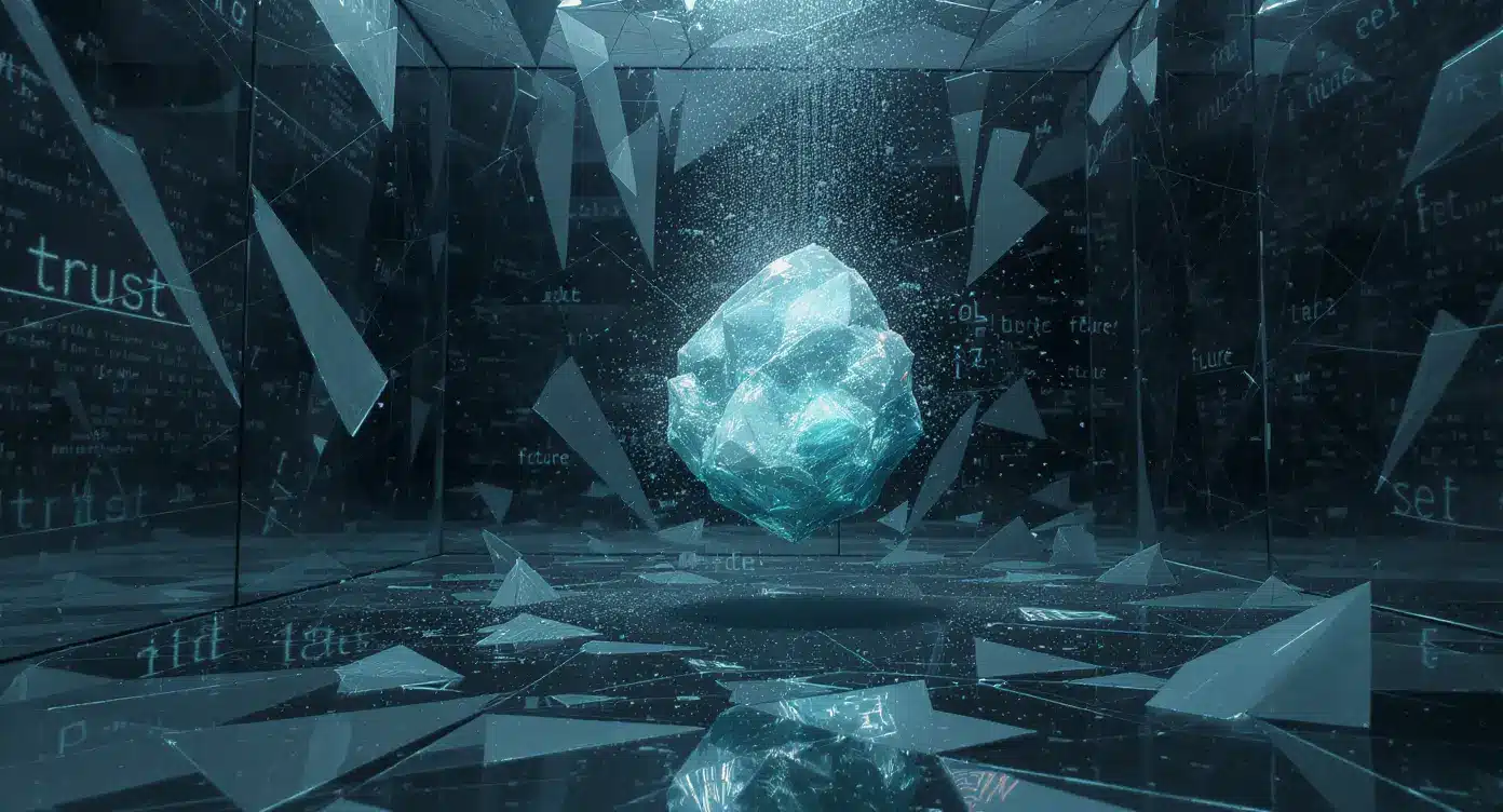 A fragile crystalline object disintegrating in a room of shattered glass, symbolizing the collapse of identity and cognition due to crystal meth