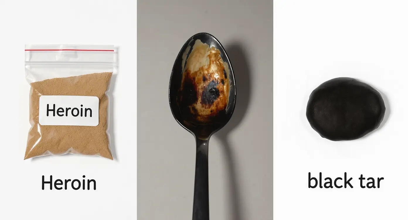 Heroin vist i pulverform og som sort tjære med brugt udstyr på en ren baggrund