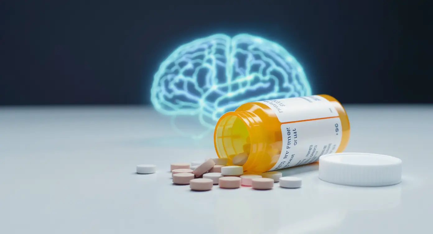 Das Bild zeigt eine verschüttete Pillenflasche mit einem leuchtenden Gehirndiagramm, das verdeutlicht, warum Schmerzmittel gefährlich sind.