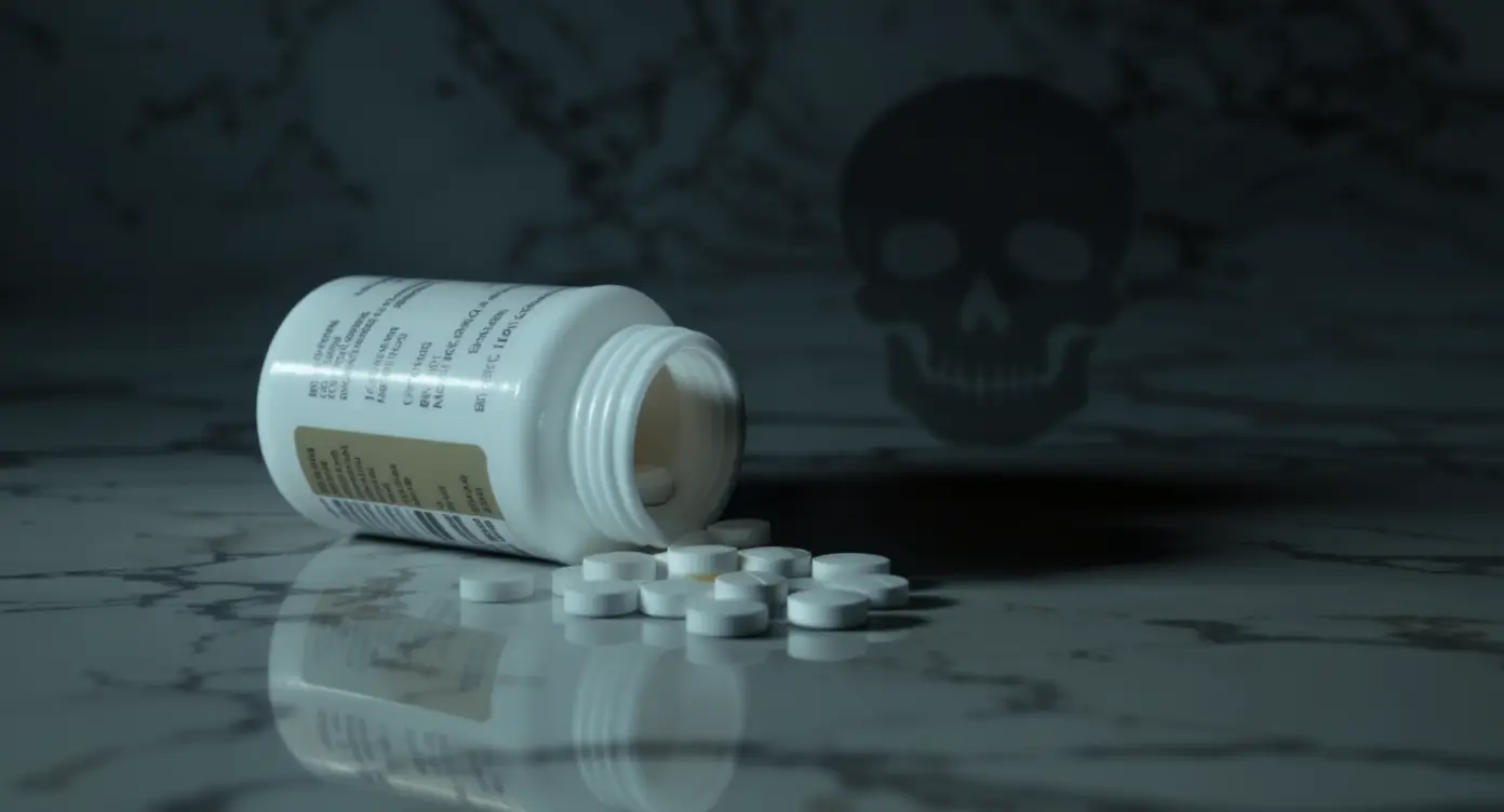 Das Bild zeigt eine verschreibungspflichtige Flasche, aus der Pillen verschüttet werden, mit einem Schatten, der die Gefahr andeutet und symbolisiert, warum verschreibungspflichtige Medikamente gefährlich sind.