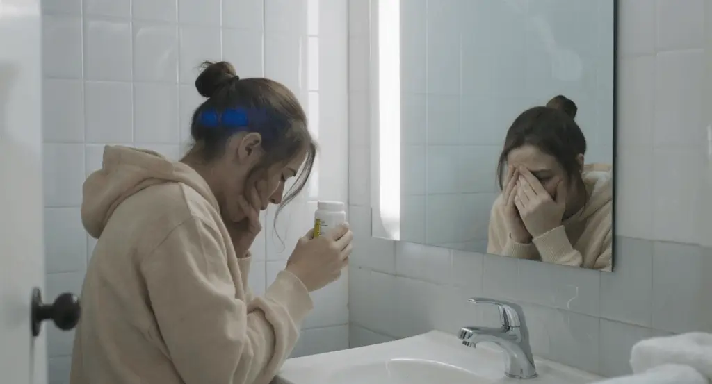 Obrázek zobrazující emocionální a behaviorální příznaky závislosti na lécích proti bolesti prostřednictvím zrcadlové scény.