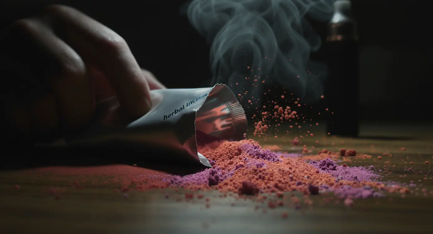 Das Bild zeigt eine Verpackung für synthetische Drogen und ein Pulver, das symbolisiert, warum synthetische Drogen schwer zu erkennen sind.