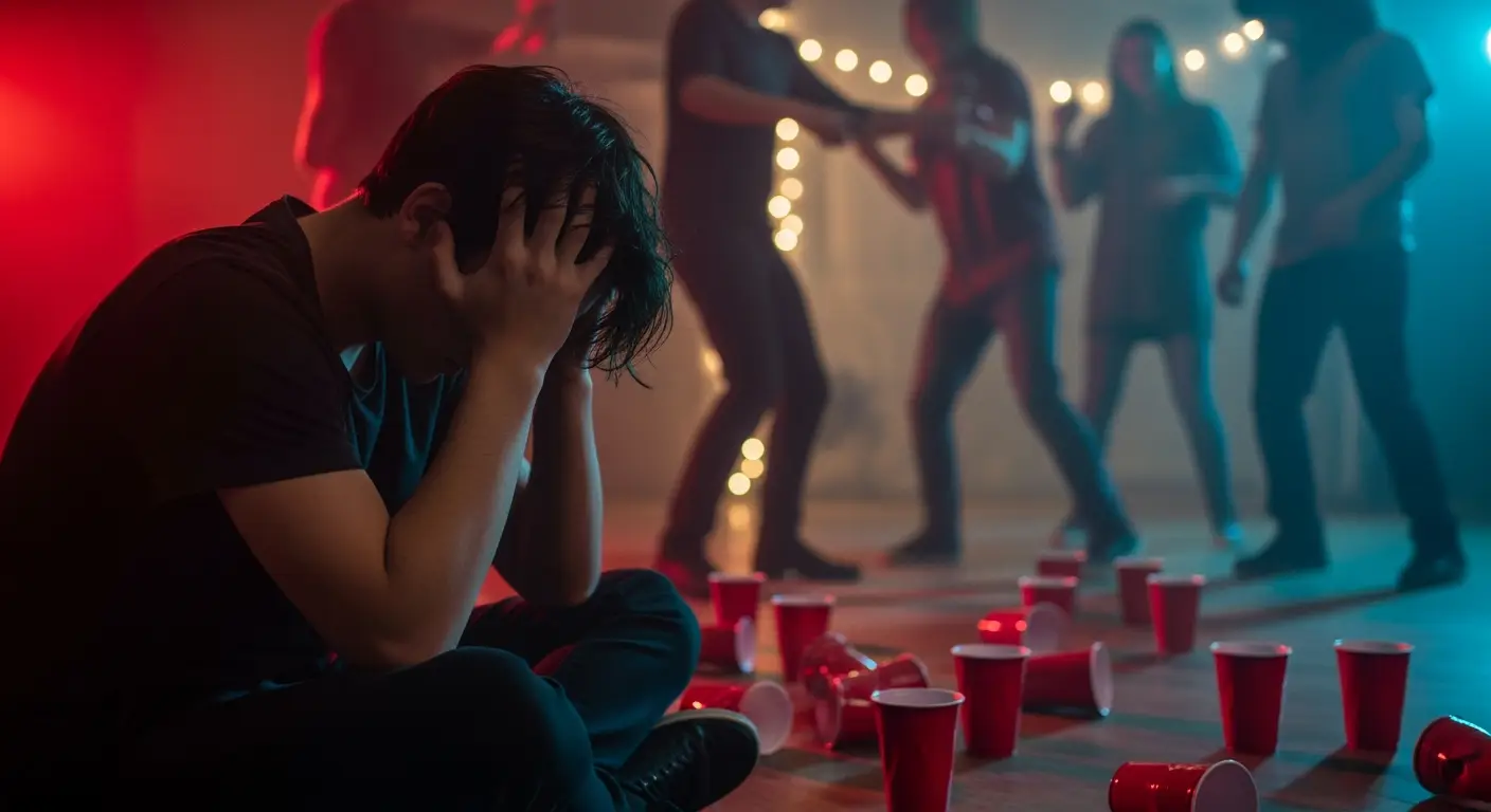 Adolescentul care suferă de efectele consumului excesiv de alcool la o petrecere cu pahare solo roșii