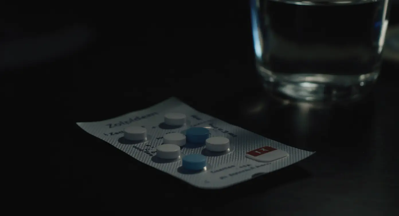 Zolpidem-läpipainopakkaus unilääkkeitä yöpöydällä hämärässä, jossa näkyy unettomuuteen käytettäviä Z-lääkkeitä.