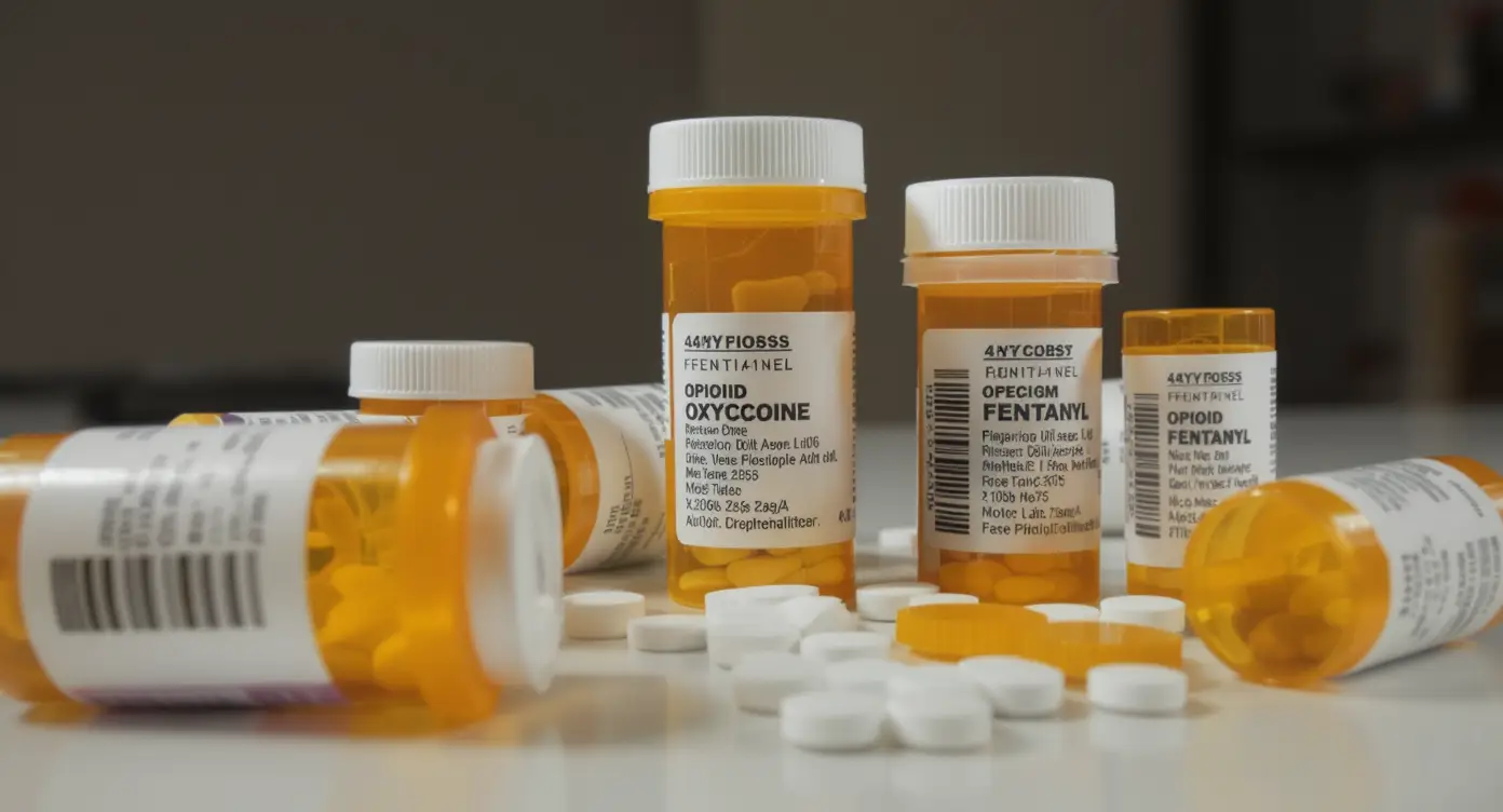 Receptpligtige pilleflasker mærket med narkotiske stoffer som oxycodon og fentanyl på en hvid overflade med spredte tabletter