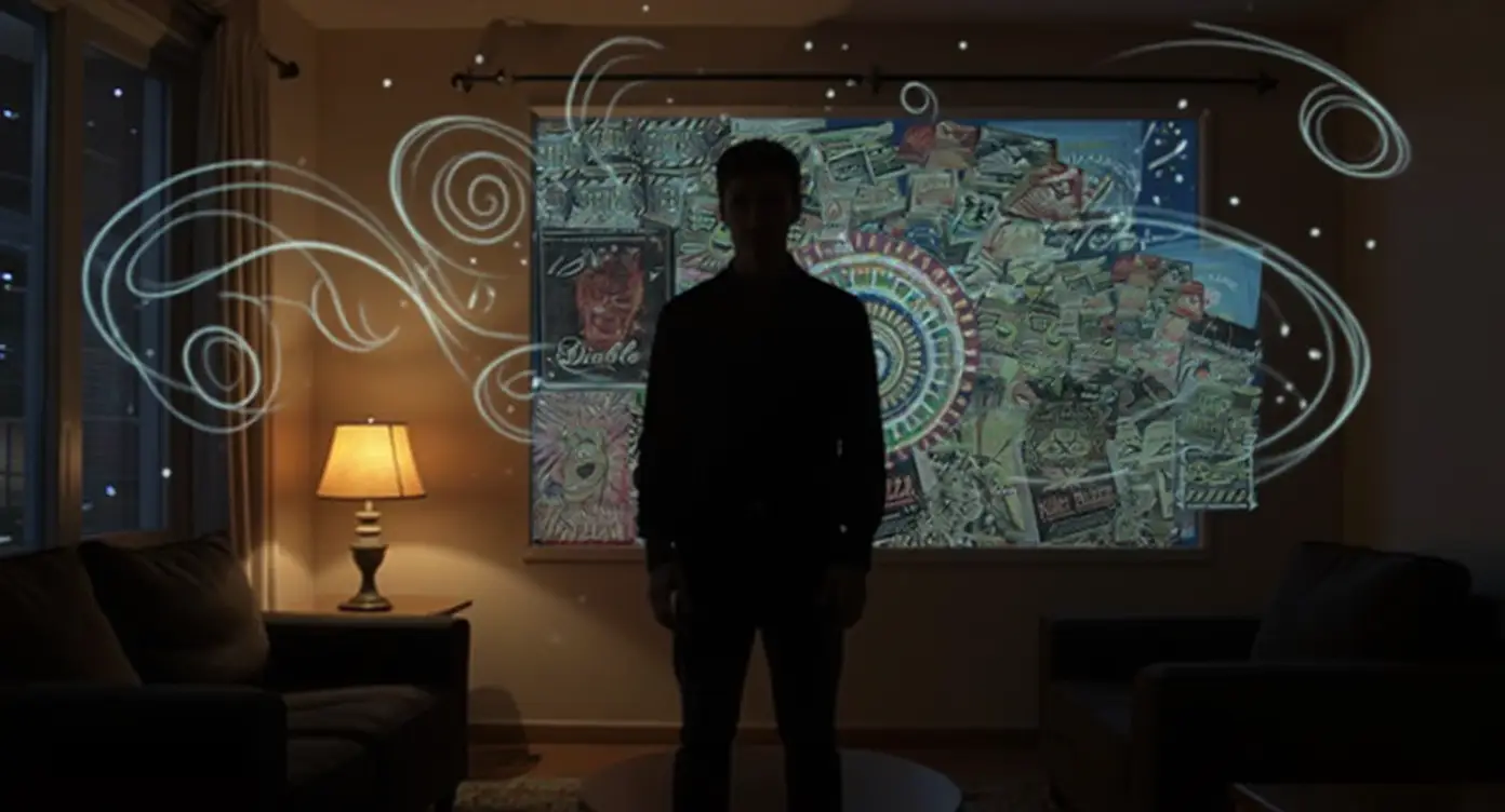 Person experiencing layered visual distortions and neon hallucinations in a warped room, symbolizing a hallucinogenic drug flashback