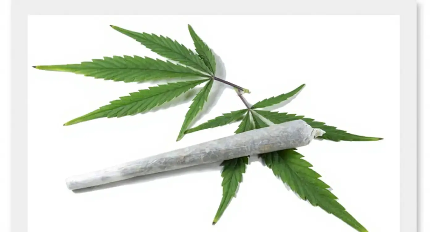 Rolled marijuana joint lying on a checkered wooden surface surrounded by cannabis buds and scattered plant material