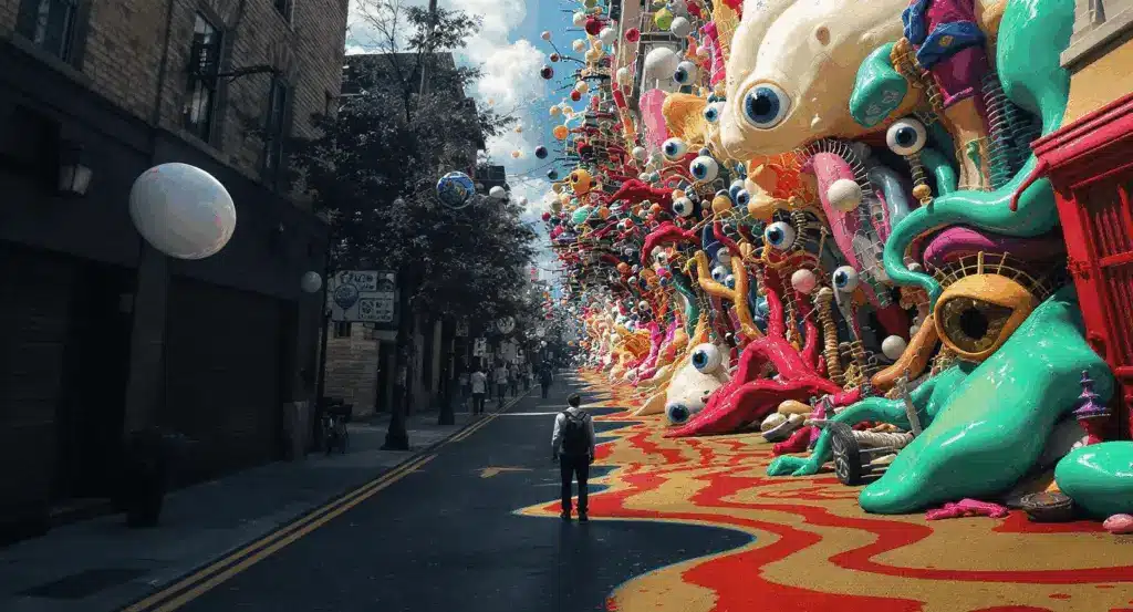 O scenă stradală suprarealistă care se transformă în haos, simbolizând ce este LSD și de ce efectele sale sunt imprevizibile