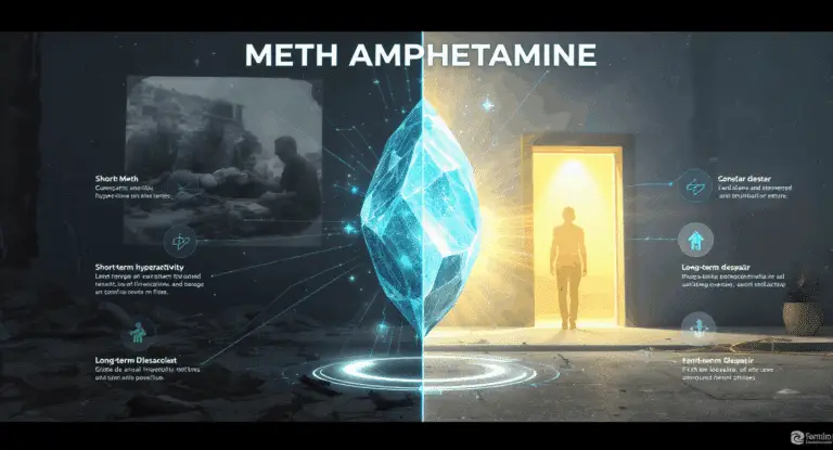 Educational infographic showing methamphetamine effects and recovery, with symbolic crystal, health risk icons, and a hopeful path to rehabilitation.