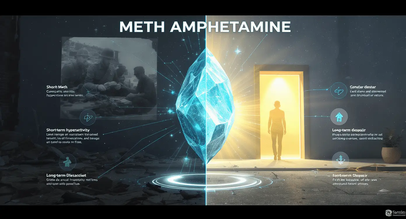 Educational infographic showing methamphetamine effects and recovery, with symbolic crystal, health risk icons, and a hopeful path to rehabilitation.